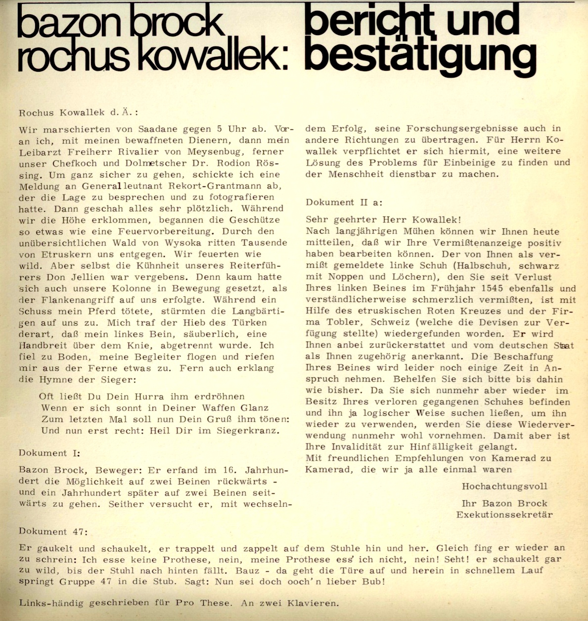 bazon brock/rochus kowallek: bericht und bestätigung, Bild: Pro These. Zeitschrift für Unvollkommene. Nr. 01. Berlin 1966..